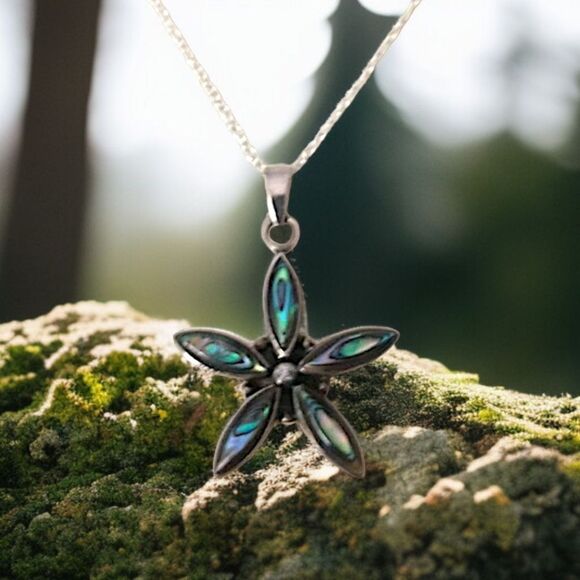 Abalone Star Sterling Necklace 925 Silver Pendant Daisy Flower 18" Beach Coastal - Picture 13 of 16